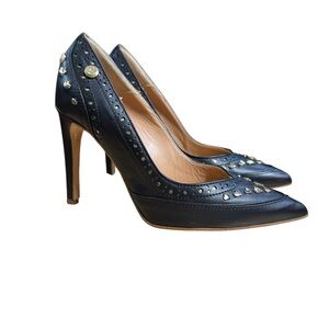 Love Moschino Black Leather Pointed Toe Heart Studded Stiletto Pumps Size 35